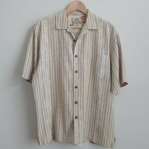 Montego Mon 100% silk Mens short sleeve button down shirt striped floral Medium